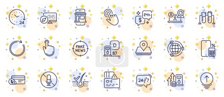 Illustration for Outline set of Video conference, No microphone and Web system line icons for web app. Include Fuel price, Synchronize, Consulting pictogram icons. Phone calculator, Fake news, Cursor signs. Vector - Royalty Free Image