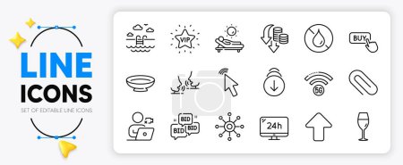 Illustration for Multichannel, Talk and Wineglass line icons set for app include Swimming pool, Paper clip, Lounger outline thin icon. Buy button, Vip star, Scroll down pictogram icon. Bid offer. Vector - Royalty Free Image