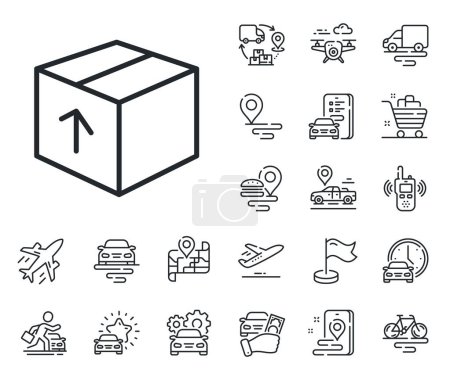 Illustration for Logistics shipping sign. Plane, supply chain and place location outline icons. Delivery box line icon. Parcels tracking symbol. Package line sign. Taxi transport, rent a bike icon. Travel map. Vector - Royalty Free Image
