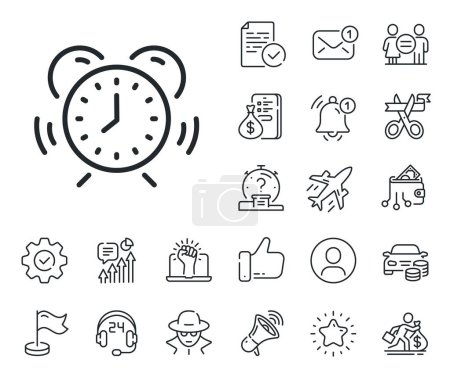 Illustration for Alarm clock sign. Salaryman, gender equality and alert bell outline icons. Time management line icon. Watch symbol. Time management line sign. Spy or profile placeholder icon. Vector - Royalty Free Image