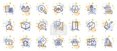 Illustration for Outline set of Buildings, Energy and Wholesale inventory line icons for web app. Include Lighthouse, Greenhouse, Delivery box pictogram icons. Customisation, Radiator, Warning signs. Vector - Royalty Free Image