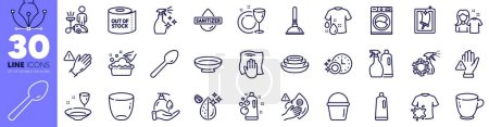 Illustration for Clean bubbles, Hand sanitizer and Shampoo and spray line icons pack. Wash t-shirt, Coronavirus spray, Clean shirt web icon. Cleaning, Dishes, Toilet paper pictogram. Dirty mask. Vector - Royalty Free Image