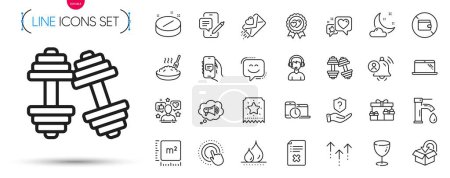 Illustration for Pack of Return package, Glass and User notification line icons. Include Laptop, Loyalty ticket, Megaphone pictogram icons. Click hand, Medical tablet, Heart signs. Tap water. Vector - Royalty Free Image