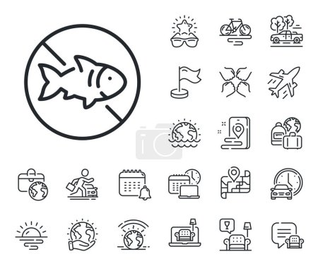 Illustration for Fish catching forbidden sign. Plane jet, travel map and baggage claim outline icons. Stop fishing line icon. Prohibited symbol. Stop fishing line sign. Car rental, taxi transport icon. Vector - Royalty Free Image