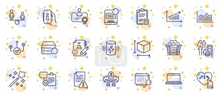 Illustration for Outline set of Calendar, Accounting checklist and Charge battery line icons for web app. Include Equity, Correct way, Support pictogram icons. Box size, Recovery server, Certificate signs. Vector - Royalty Free Image