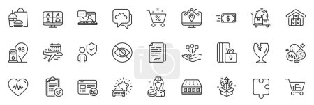 Icons pack as Weather forecast, Money transfer and Consolidation line icons for app include Fragile package, Fast food, Nurse outline thin icon web set. Security, Manganese mineral. Vector