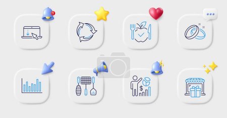Illustration for Recycle, Seo statistics and Wedding rings line icons. Buttons with 3d bell, chat speech, cursor. Pack of Scroll down, Gift shop, Bar diagram icon. Vegetarian food, Grill tools pictogram. Vector - Royalty Free Image