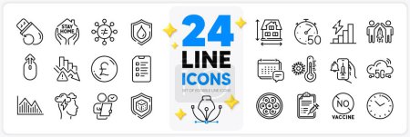 Illustration for Icons set of Mindfulness stress, Timer and Discrimination line icons pack for app with Message, Deflation, Consumption growth thin outline icon. No vaccine, Waterproof, Checklist pictogram. Vector - Royalty Free Image