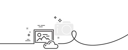 Illustration for Photo cloud line icon. Continuous one line with curl. Images cloud data sign. Picture placeholder symbol. Photo cloud single outline ribbon. Loop curve pattern. Vector - Royalty Free Image