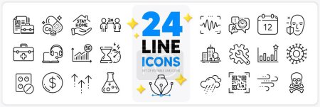 Illustration for Icons set of Windy weather, Customisation and Chemistry lab line icons pack for app with Cobalt mineral, Qr code, Annual calendar thin outline icon. Rainy weather, Time management. Vector - Royalty Free Image