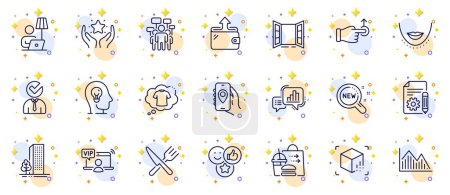 Illustration for Outline set of T-shirt, Food delivery and Open door line icons for web app. Include Investment graph, Food, Vacancy pictogram icons. Mental health, Augmented reality, Voting campaign signs. Vector - Royalty Free Image