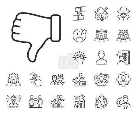 Illustration for Thumbs down finger sign. Specialist, doctor and job competition outline icons. Dislike hand line icon. Gesture symbol. Dislike hand line sign. Avatar placeholder, spy headshot icon. Vector - Royalty Free Image
