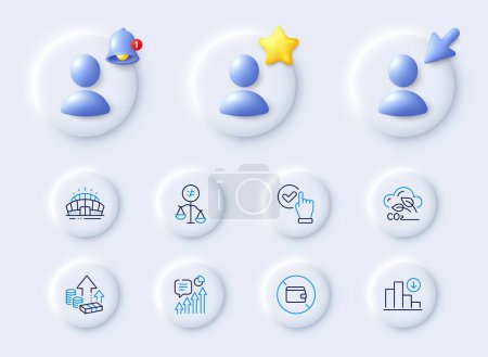 Illustration for Arena stadium, Co2 gas and Kpi line icons. Placeholder with 3d cursor, bell, star. Pack of Wallet, Checkbox, Discrimination icon. Decreasing graph, Inflation pictogram. For web app, printing. Vector - Royalty Free Image