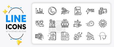 Illustration for Quickstart guide, Deflation and Card line icons set for app include Call center, Face scanning, Employees group outline thin icon. Image album, Survey results, Place pictogram icon. Vector - Royalty Free Image