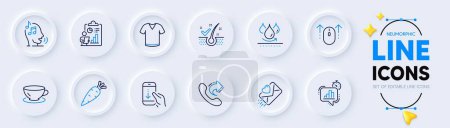 Illustration for Share call, Swipe up and Scroll down line icons for web app. Pack of Report, Carrot, Anti-dandruff flakes pictogram icons. Espresso, Voicemail, T-shirt signs. Waterproof, Love letter. Vector - Royalty Free Image