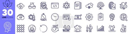 Illustration for 5g notebook, 5g technology and Incubator line icons pack. Mute, Chemistry lab, Sunset web icon. Seo script, 360 degrees, Clipboard pictogram. Inspect, Vaccination announcement, Internet. Vector - Royalty Free Image