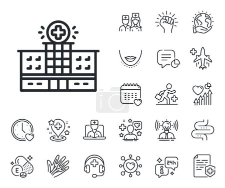 Illustration for Medical help sign. Online doctor, patient and medicine outline icons. Hospital building line icon. Hospital building line sign. Veins, nerves and cosmetic procedure icon. Intestine. Vector - Royalty Free Image