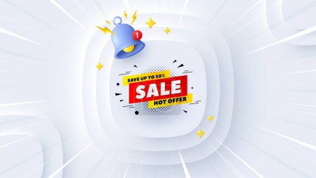 Illustration for Sale 50 percent off banner. Neumorphic offer 3d banner, poster. Discount sticker shape. Hot offer icon. Sale 50 percent promo event background. Sunburst banner, flyer or coupon. Vector - Royalty Free Image