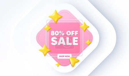 Illustration for Sale 80 percent off discount. Neumorphic promotion banner. Promotion price offer sign. Retail badge symbol. Sale message. 3d stars with cursor pointer. Vector - Royalty Free Image