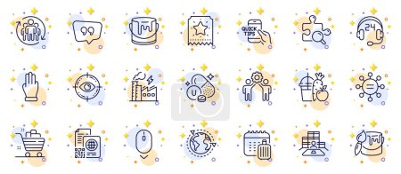 Illustration for Outline set of Eye target, Scroll down and Three fingers line icons for web app. Include Education, Search puzzle, Grocery basket pictogram icons. Inventory, Employees teamwork, Ethics signs. Vector - Royalty Free Image