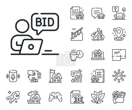 Illustration for Bid offer sign. Floor plan, stairs and lounge room outline icons. Online auction line icon. Raise the price up symbol. Online auction line sign. House mortgage, sell building icon. Real estate. Vector - Royalty Free Image