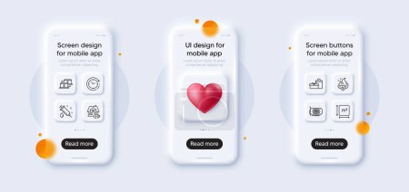 Illustration for Medical syringe, Gifts and Outsource work line icons pack. 3d phone mockups with heart. Glass smartphone screen. Square area, Cardio training, Home charging web icon. Vector - Royalty Free Image