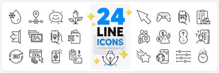 Illustration for Icons set of Time, Electric app and Freezing water line icons pack for app with Swipe up, Deflation, Eco power thin outline icon. Survey, Filter, Delivery report pictogram. Pos terminal. Vector - Royalty Free Image