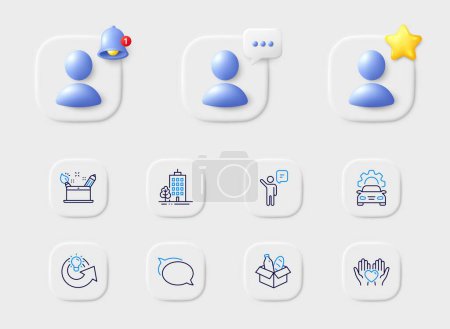 Illustration for Share idea, Skyscraper buildings and Car service line icons. Placeholder with 3d star, reminder bell, chat. Pack of Agent, Hold heart, Talk bubble icon. Vector - Royalty Free Image