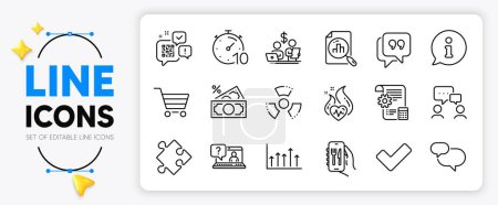 Illustration for People chatting, Qr code and Money tax line icons set for app include Info, Strategy, Faq outline thin icon. Restaurant app, Tick, Quote bubble pictogram icon. Analytics graph. Vector - Royalty Free Image