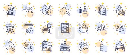 Illustration for Outline set of Inflation, Teamwork and Quality line icons for web app. Include Skin condition, Salad, Chemistry lab pictogram icons. Wallet, 5g internet, Gluten free signs. Brandy bottle. Vector - Royalty Free Image