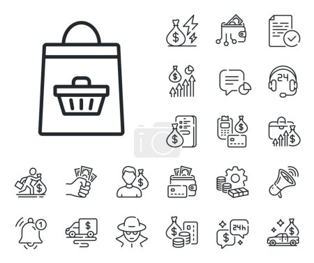 Illustration for Supermarket buying sign. Cash money, loan and mortgage outline icons. Shopping bag with cart line icon. Sale symbol. Online buying line sign. Credit card, crypto wallet icon. Vector - Royalty Free Image