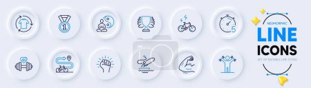 Illustration for Change clothes, Empower and Bike path line icons for web app. Pack of E-bike, Best rank, Timer pictogram icons. Winner, Boat fishing, Dumbbells workout signs. Strong arm, Yoga, Dumbbell. Shirt. Vector - Royalty Free Image