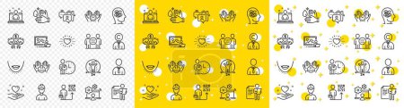Illustration for Outline Leadership, Delivery man and Foreman line icons pack for web with Hold heart, Social distance, Online job line icon. Sharing economy, Job interview, Heart pictogram icon. Vector - Royalty Free Image