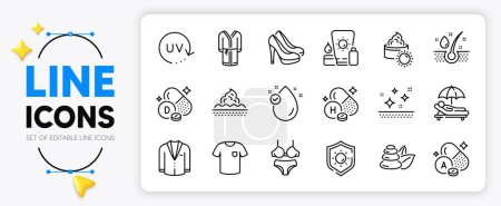 Illustration for Lingerie, Vitamin h and Spa stones line icons set for app include Vitamin e, Sun protection, Suit outline thin icon. Sun cream, T-shirt, Skin care pictogram icon. Serum oil, Bathrobe. Vector - Royalty Free Image