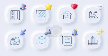 Illustration for Package size, Hospital building and Lighthouse line icons. Buttons with 3d bell, chat speech, cursor. Pack of House security, Square meter, Open door icon. Floor plan, Food delivery pictogram. Vector - Royalty Free Image