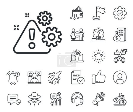 Illustration for Attention triangle sign. Salaryman, gender equality and alert bell outline icons. Warning line icon. Caution alert symbol. Warning line sign. Spy or profile placeholder icon. Vector - Royalty Free Image