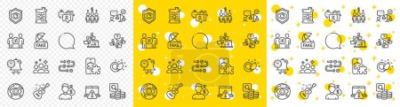 Illustration for Outline Fake news, Salary and Inspect line icons pack for web with Online warning, Discrimination, Eye detect line icon. Survey progress, Guitar, Cyber attack pictogram icon. Vector - Royalty Free Image