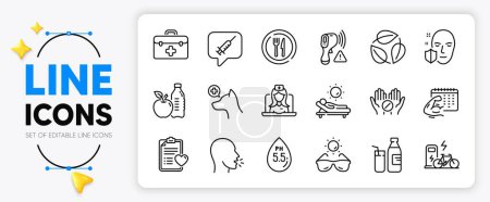 Illustration for Food, Lounger and Face protection line icons set for app include Milk, Fitness calendar, First aid outline thin icon. Ph neutral, Leaves, Patient history pictogram icon. Sunglasses. Vector - Royalty Free Image