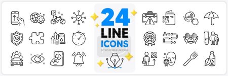 Illustration for Icons set of Dog competition, Bike and Medical analyzes line icons pack for app with Face verified, Builders union, Seo gear thin outline icon. Swipe up, Health eye, Leadership pictogram. Vector - Royalty Free Image