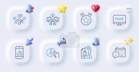 Illustration for Fake news, Correct answer and Sharing economy line icons. Buttons with 3d bell, chat speech, cursor. Pack of Calendar, Ranking star, Pie chart icon. Vector - Royalty Free Image