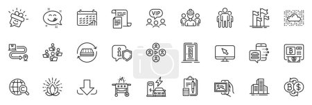 Illustration for Icons pack as Engineering team, International copyright and Lotus line icons for app include Bitcoin exchange, Smile, Yummy smile outline thin icon web set. Internet, Door, Teamwork pictogram. Vector - Royalty Free Image