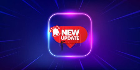 Illustration for New update banner. Neon light frame offer banner. Red speech bubble with bell. Woman silhouette with megaphone icon. New update promo event flyer, poster. Sunburst neon coupon. Vector - Royalty Free Image