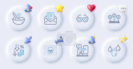 Illustration for Deflation, Waterproof and Love glasses line icons. Buttons with 3d bell, chat speech, cursor. Pack of Phone timing, Cyber attack, Video conference icon. Credit card, Cook pictogram. Vector - Royalty Free Image