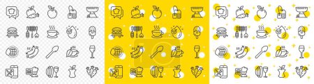 Illustration for Outline Cooking hat, Food delivery and World water line icons pack for web with Apple, Wine glass, Ice cream line icon. Cappuccino, Grill tools, Tea bag pictogram icon. Food app. Vector - Royalty Free Image