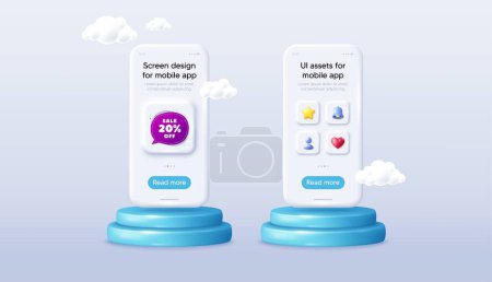 Illustration for Sale 20 percent off bubble banner. Phone mockup on podium. Product offer 3d pedestal. Discount sticker shape. Coupon badge icon. Background with 3d clouds. Sale bubble promotion message. Vector - Royalty Free Image