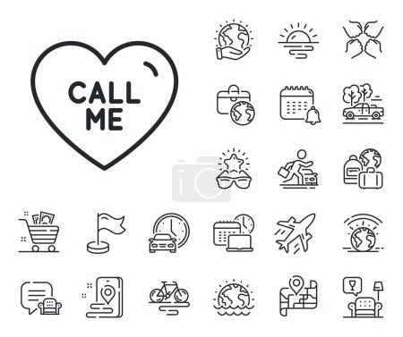 Illustration for Sweet heart sign. Plane jet, travel map and baggage claim outline icons. Call me line icon. Valentine day love symbol. Call me line sign. Car rental, taxi transport icon. Place location. Vector - Royalty Free Image