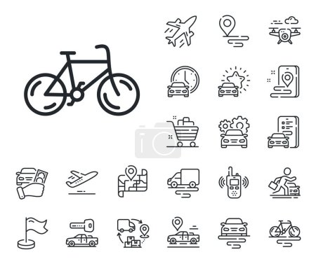 Illustration for Bike public transportation sign. Plane, supply chain and place location outline icons. Bicycle transport line icon. Driving symbol. Bicycle line sign. Taxi transport, rent a bike icon. Vector - Royalty Free Image