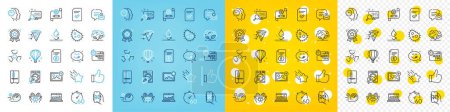 Illustration for Vector icons set of Washing machine, Add photo and Checked file line icons pack for web with Chemical hazard, Search, Bacteria outline icon. Air balloon, Refrigerator, Technical info pictogram. Vector - Royalty Free Image