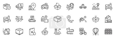 Illustration for Icons pack as Petrol station, International flight and Charging station line icons for app include Car leasing, Vip transfer, Lighthouse outline thin icon web set. Airplane travel. Vector - Royalty Free Image