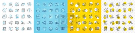 Illustration for Vector icons set of Tax documents, Coffeepot and Fireworks line icons pack for web with Insurance hand, Prohibit food, Question mark outline icon. Meeting, Money, Clapping hands pictogram. Vector - Royalty Free Image